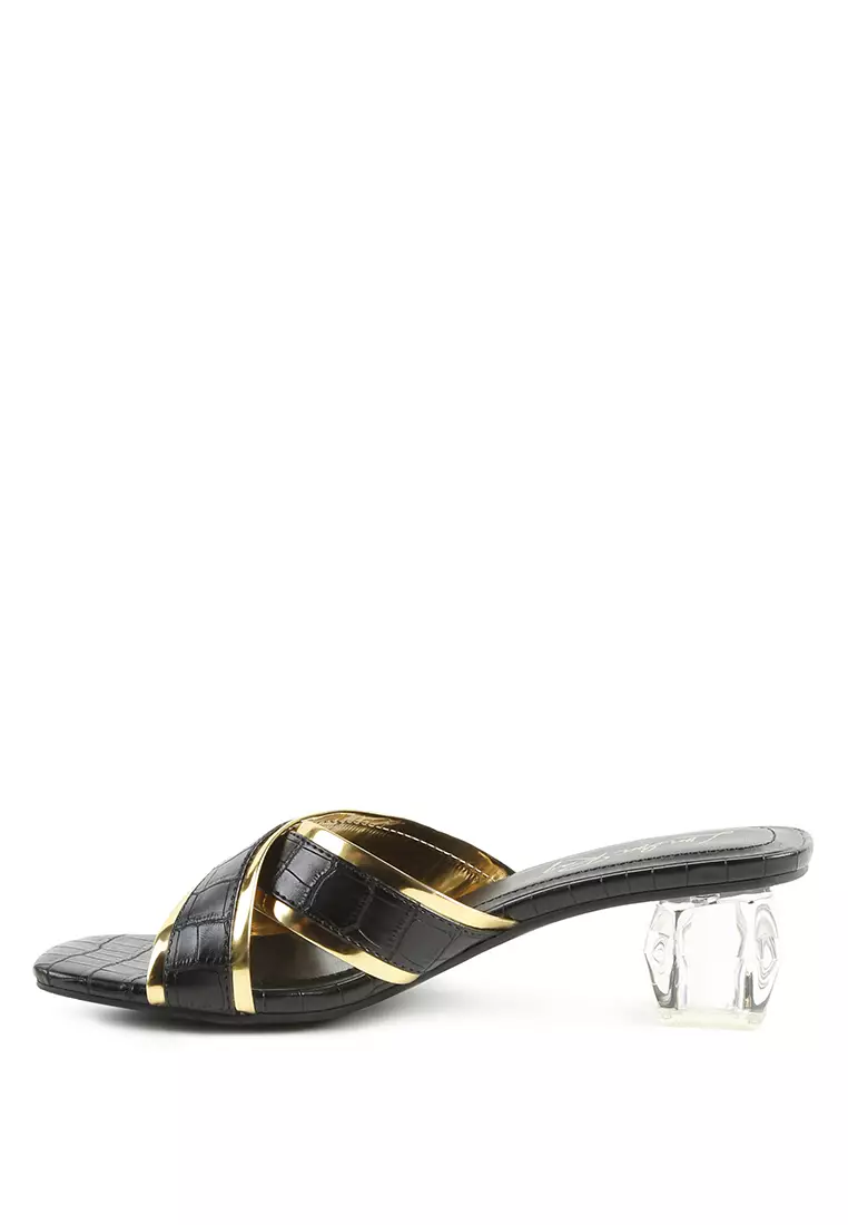 Gold Line Croc Textured Low Heel Sandals in Black