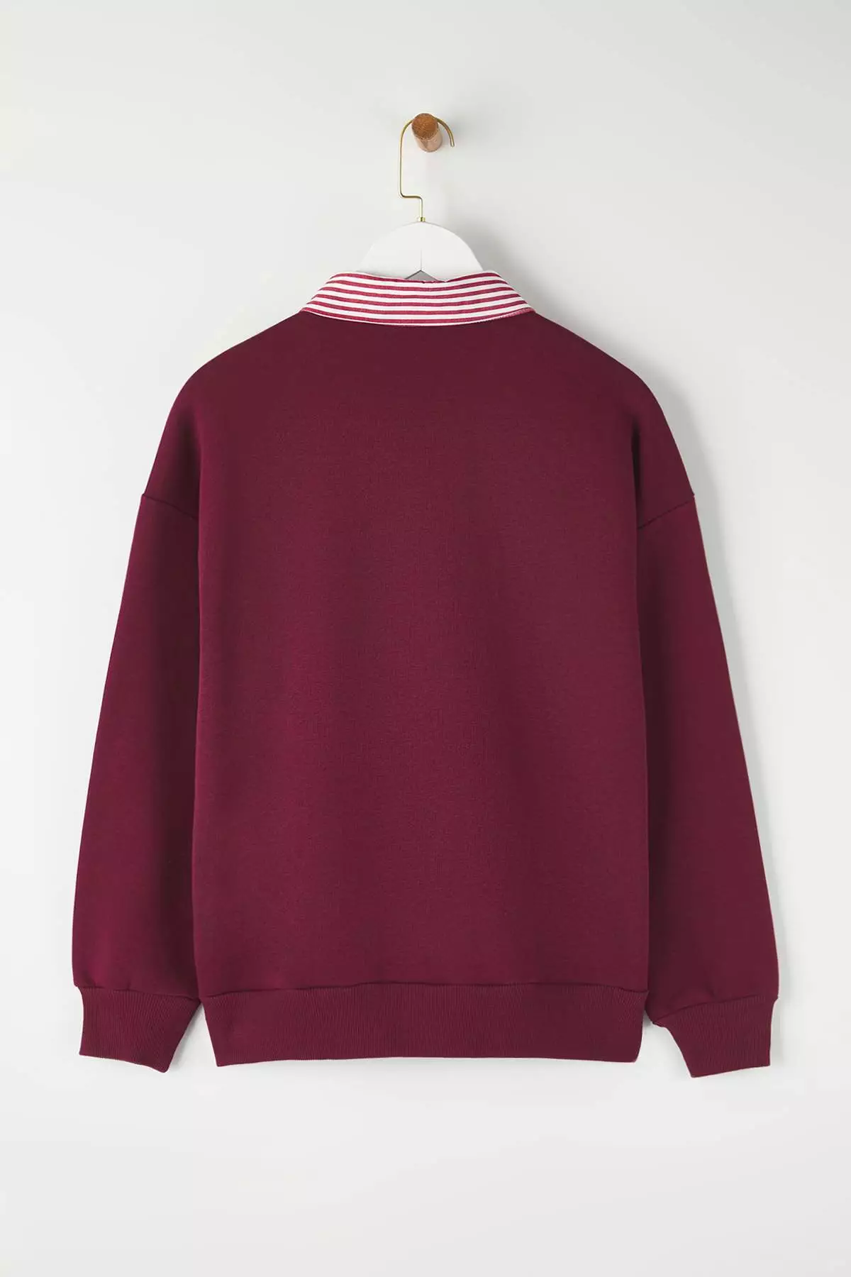 Burgundy Woven Garni Detailed Oversize Pattern Polo Collar Thick Polar Fleece Knitted Sweatshirt