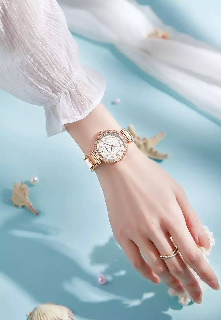 Jam Tangan Wanita 6032 Kuarsa Tali Stainless Steel Berlian Anggun Santai Jam Tangan Cewek white