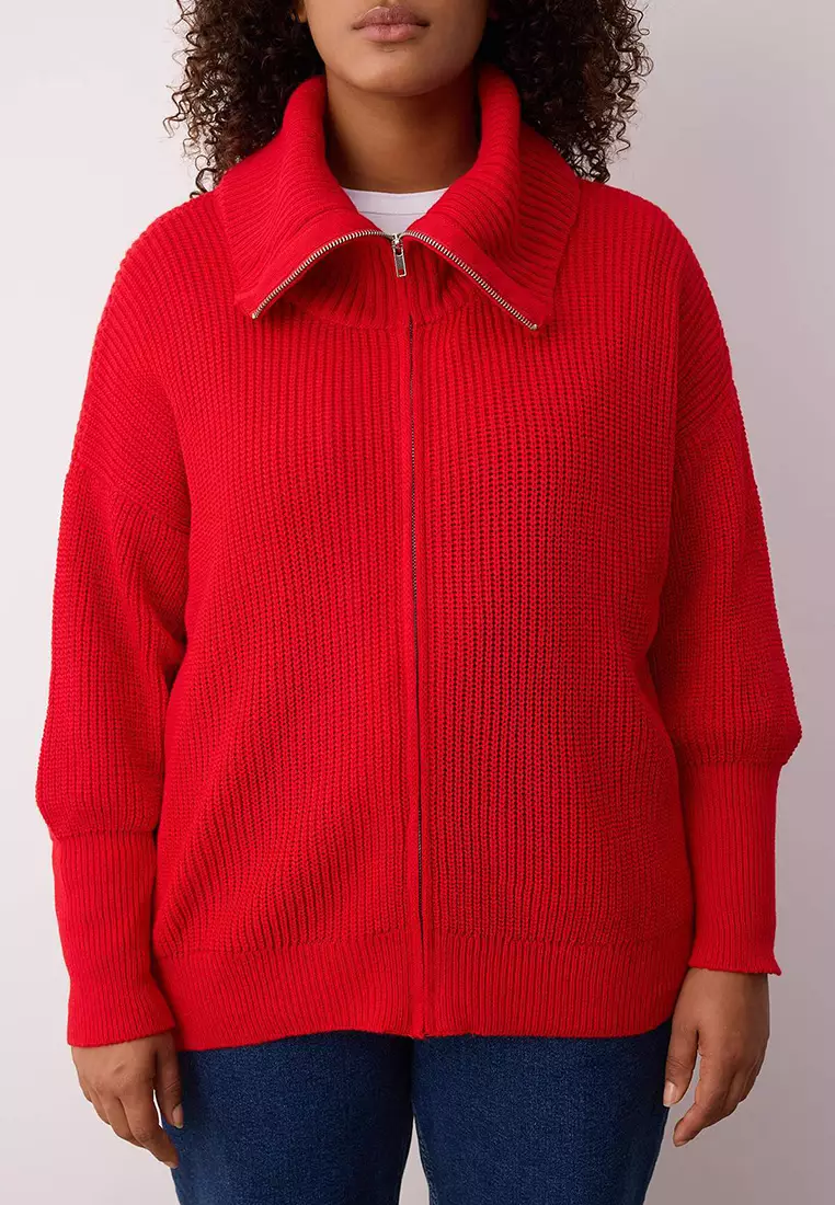 Red Turn-Down Collar Zipper Crop Knitwear Cardigan Tbbaw25Av00009