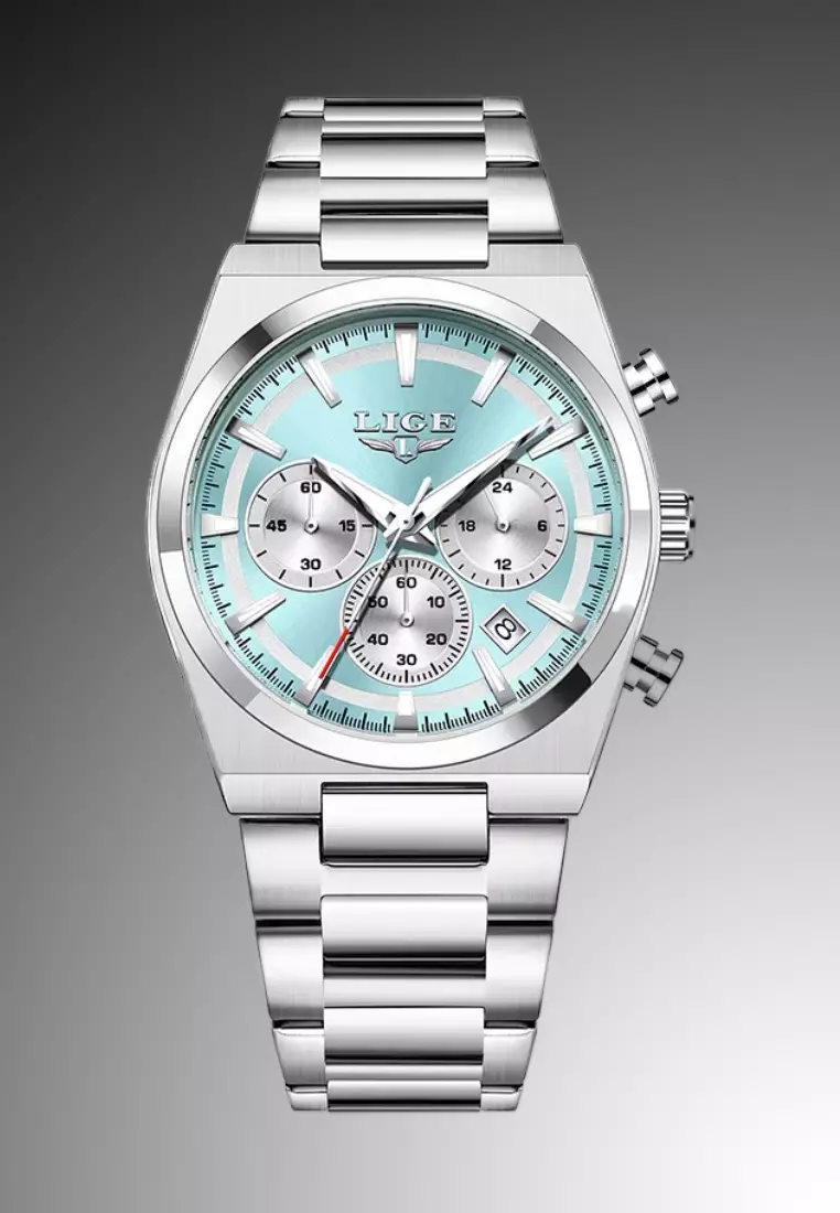 Chronograph Unisex Silver Color Alloy Quartz Watch 41mm, Stainless Steel Bracelet