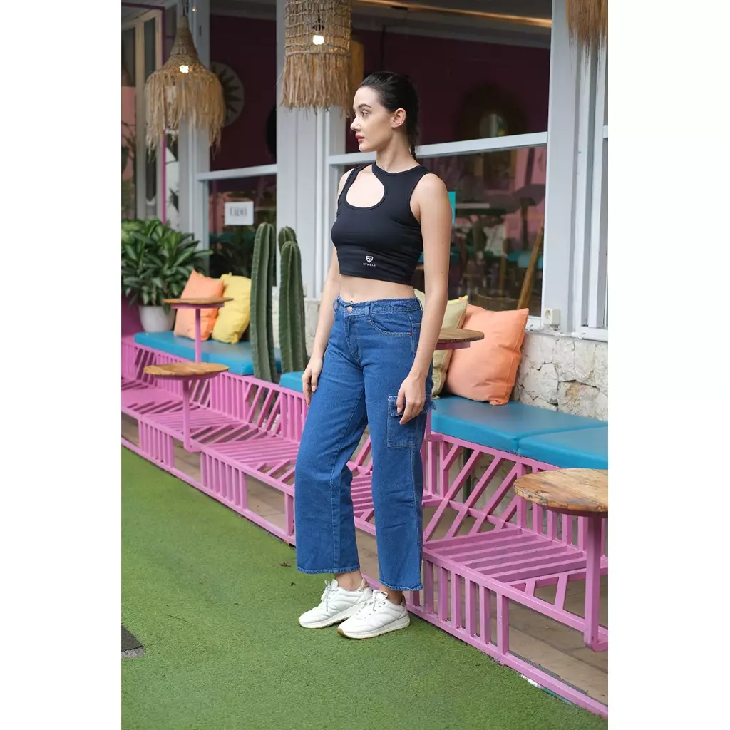 Fitwear Studio - Highwaist Cargo Kulot Jeans VIONZY - BLUE DENIM PLAIN