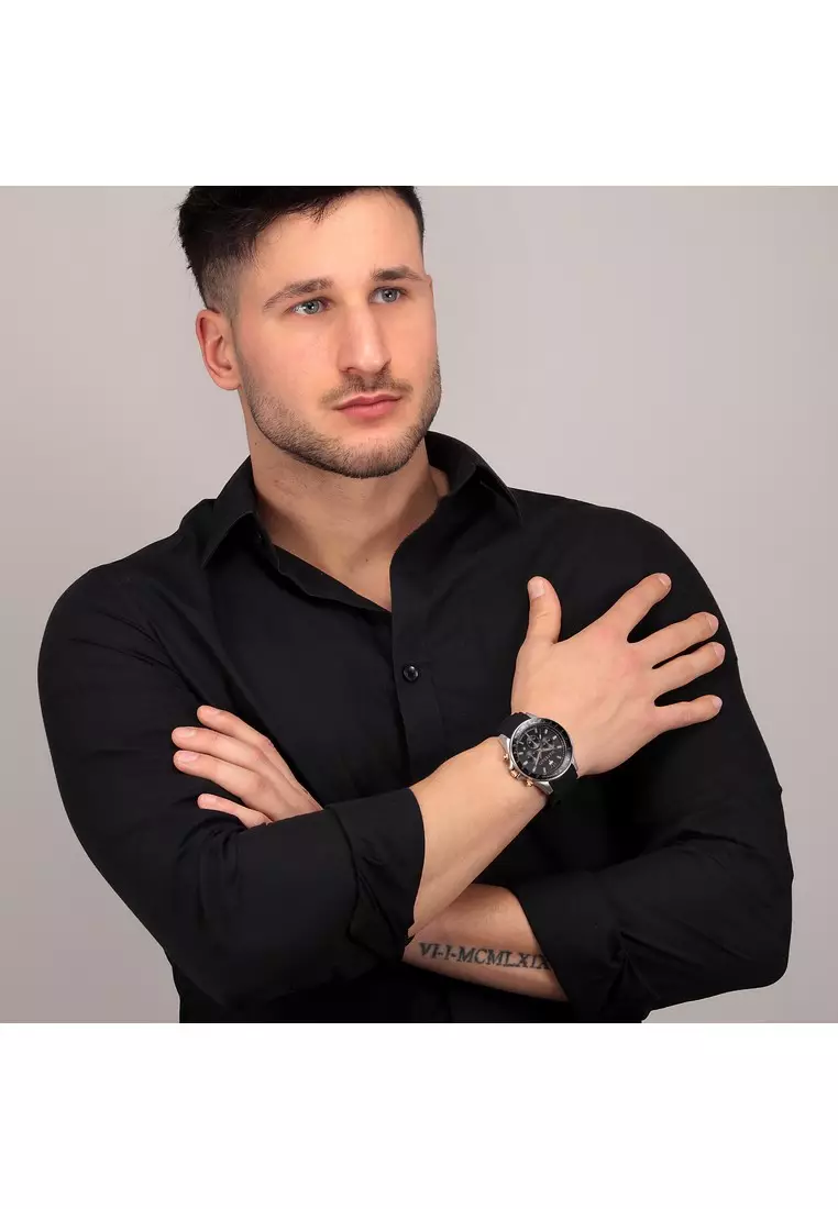 【2 Years Warranty】Maserati Sfida 44mm Black Silicon Chronograph Men's Quartz Watch R8871640002 With Luminous Dial Hands