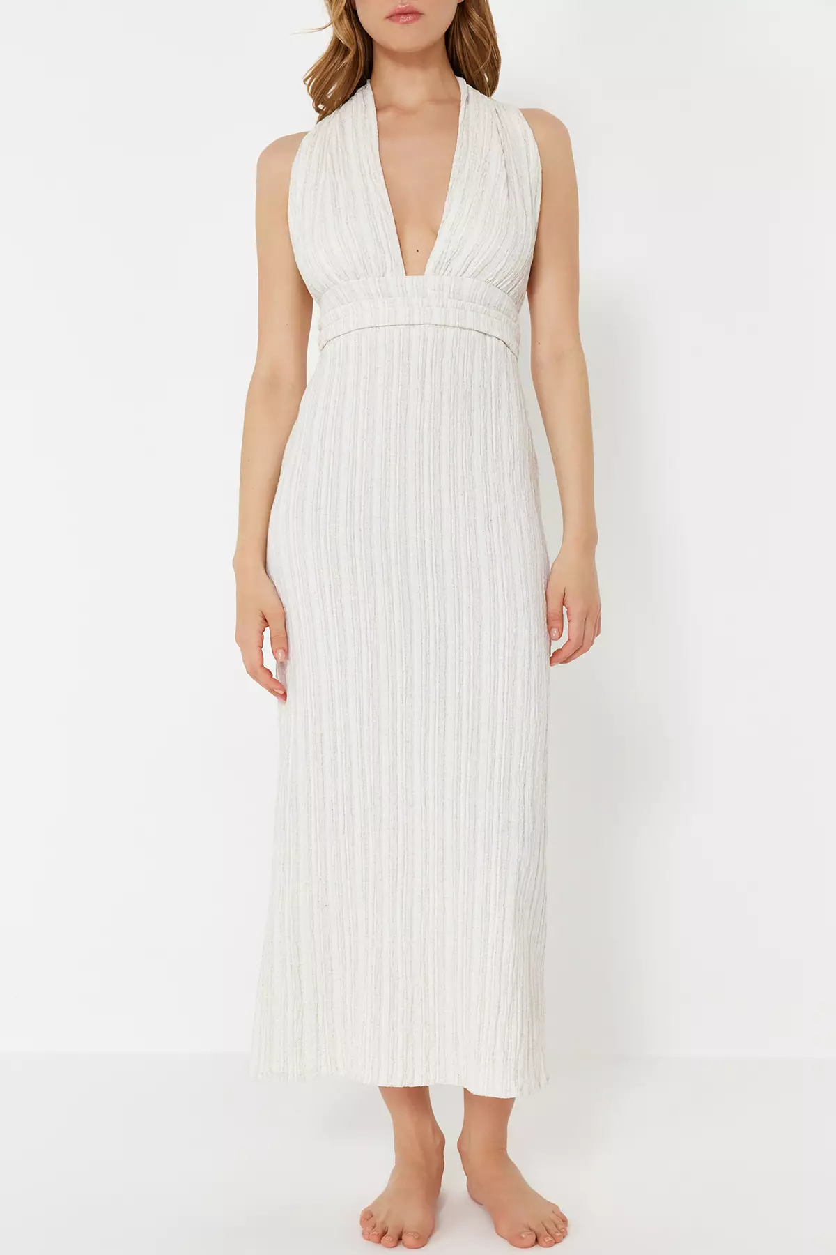 Ecru Maxi Woven Back Low-Cut Linen Blended Beach Dress