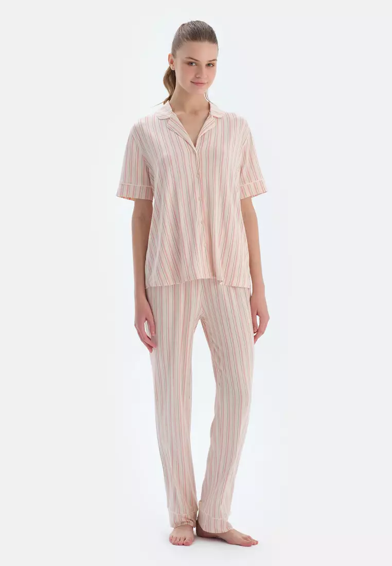 Pink Shirt & Trousers, Striped, Shirt Collar, Regular, Long Leg, Short Sleeve Sleepwear for Women