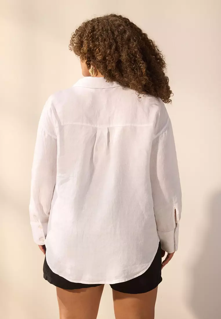 White 100% Linen Large Size Shirt Tbbss25Ax00021
