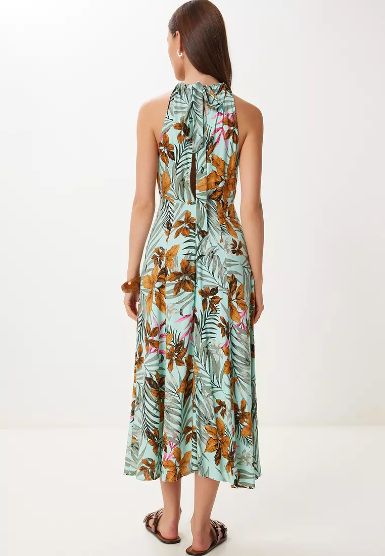 Women's Water Green Tan Halter Neck Patterned Midi Viscose Dress Fg00047