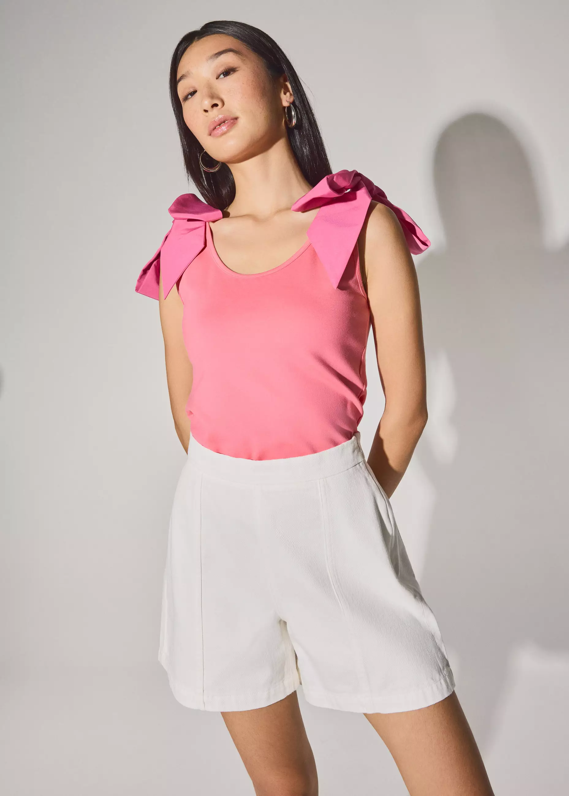 Atasan Wanita - Ribbon Tie Scoop Neck Fitted Top