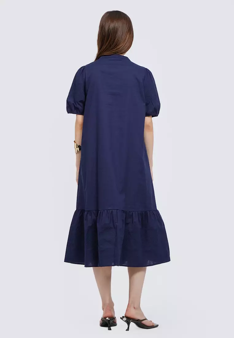 Puff Sleeves Midi Dress DARK BLUE