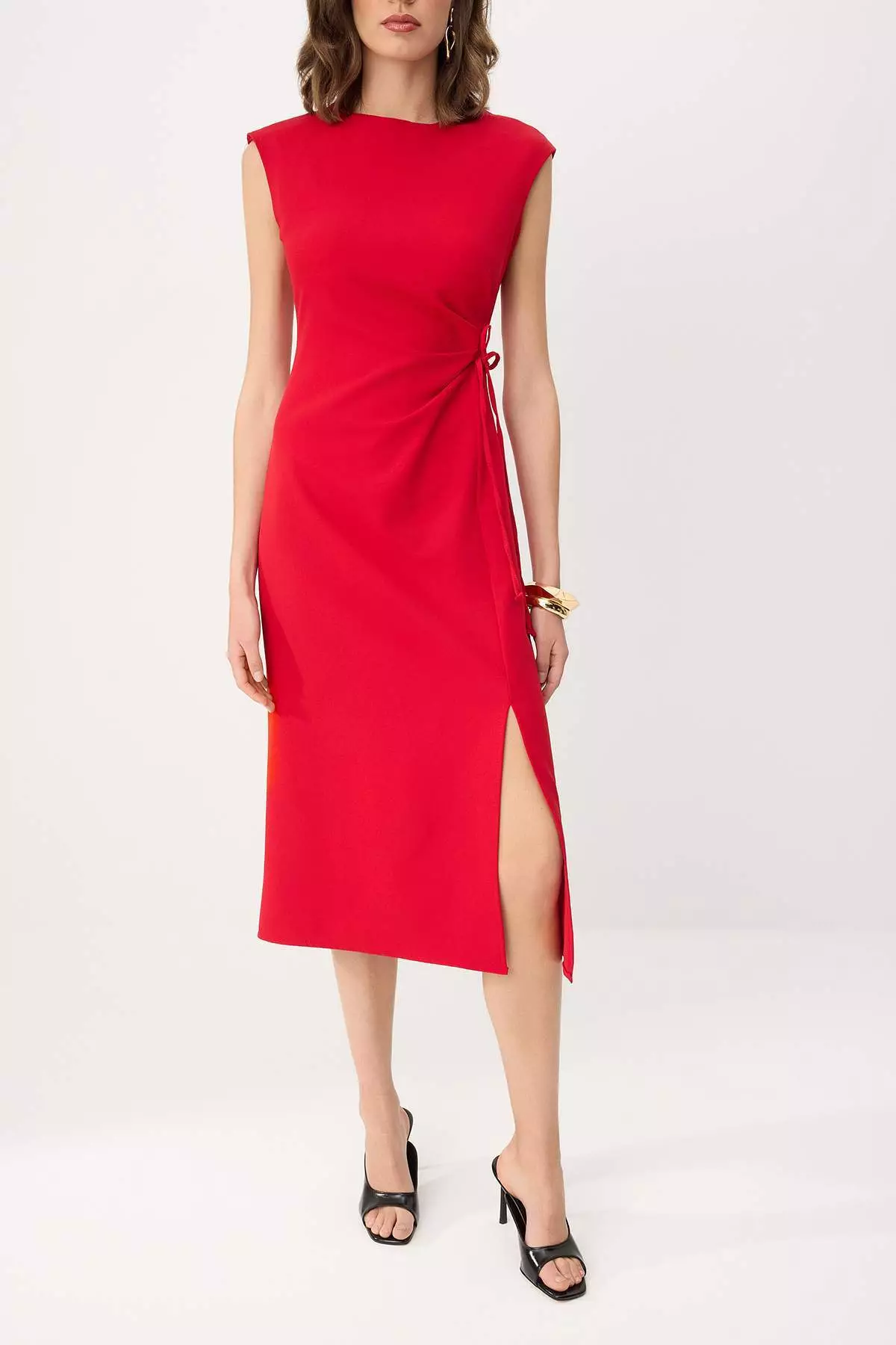 Red Tie Detail Midi Woven Dress Twoss26El81