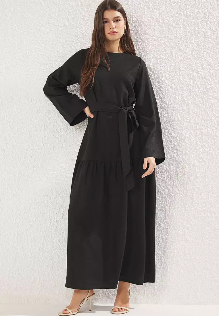 Black Belted Linen Look Woven Dress TCTSS25EB00059