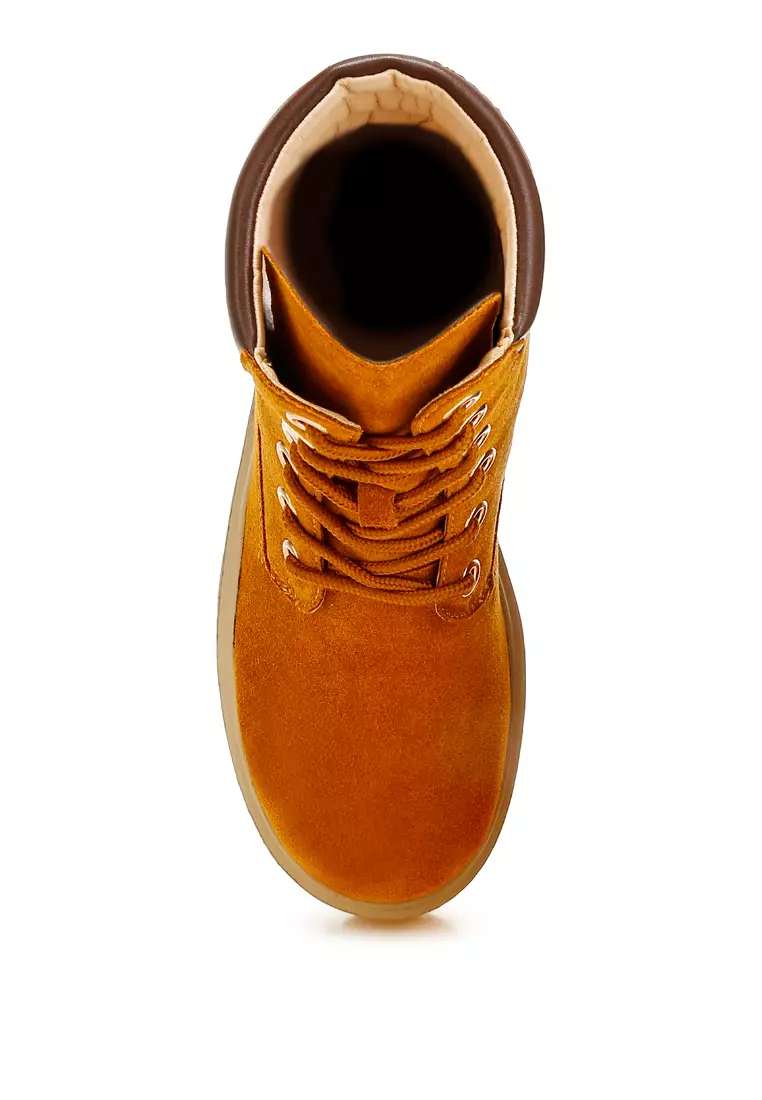 Sepatu Bot Suede Asli Pergelangan Kaki Tinggi Warna Tan