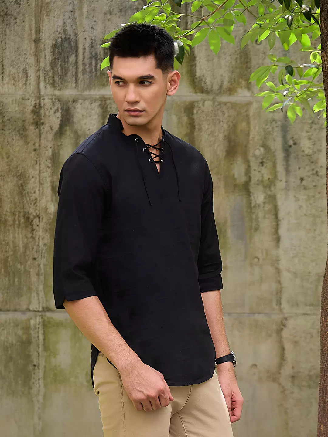OXCON ZUHUD Kemeja koko Modern Linen Look Collarless Shirt Black
