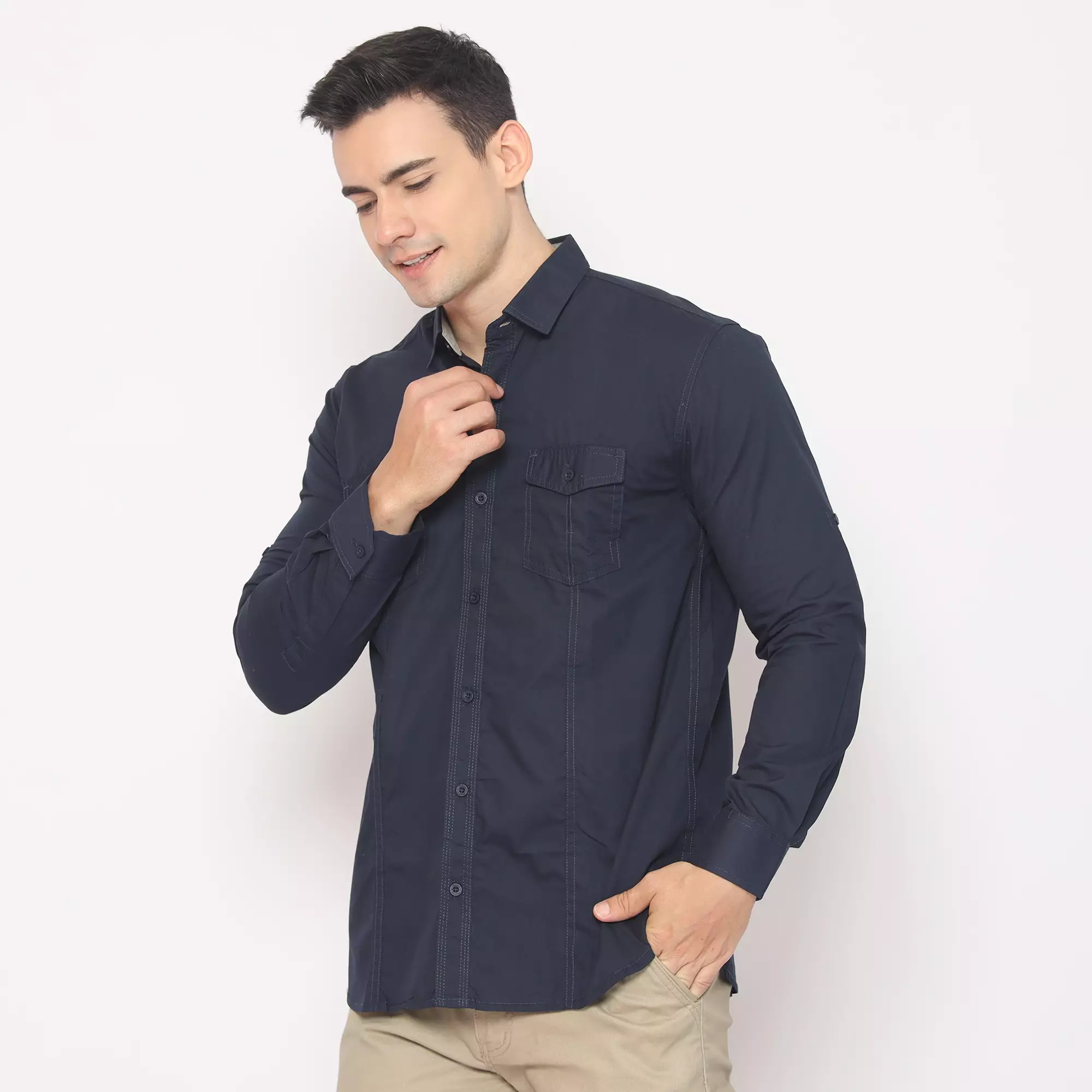 Platini Kemeja Pria Polos Lengan Panjang Katun Poplin Navy 76025