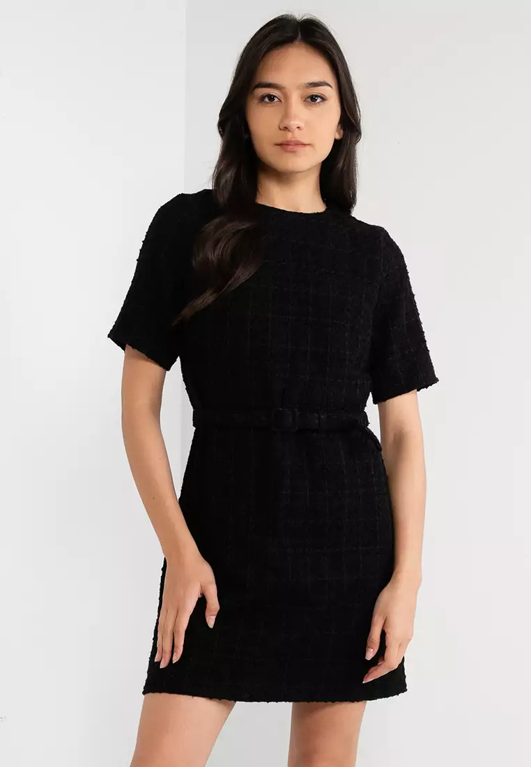 Black belted outlet mini dress