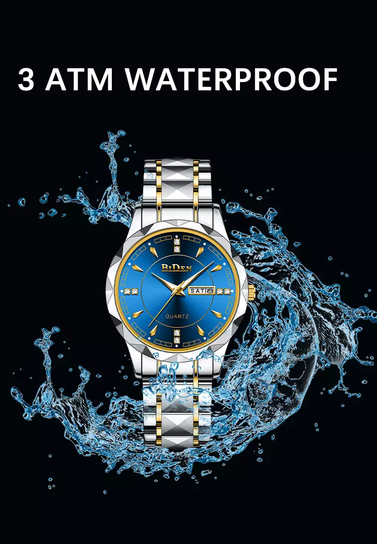 Jam Tangan Pria Anti Air Original Cowok Kalender Bercahaya Analog Luminous Stainless Steel Men Watch Biru