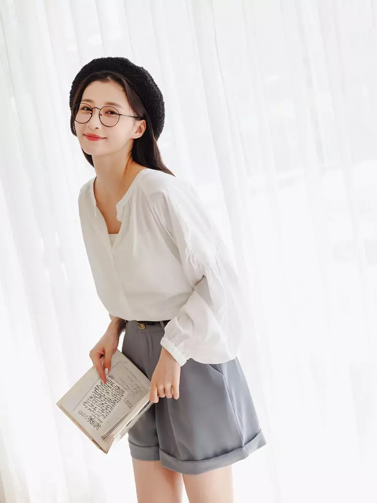 Drop Shoulder Ruched Puff Sleeve Open-Front Shirt [AB19026]