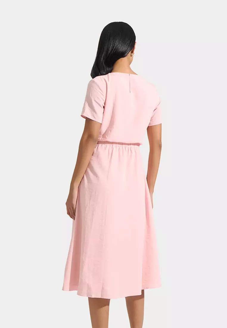 Textured Fit And Flare Dress With Garterized Waist