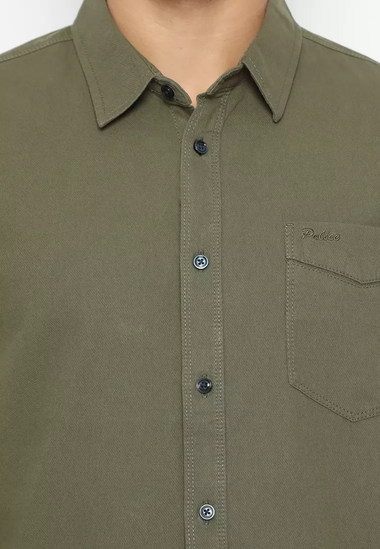POLICE Kemeja Polos Cotton Army Green Regular Fit Pria