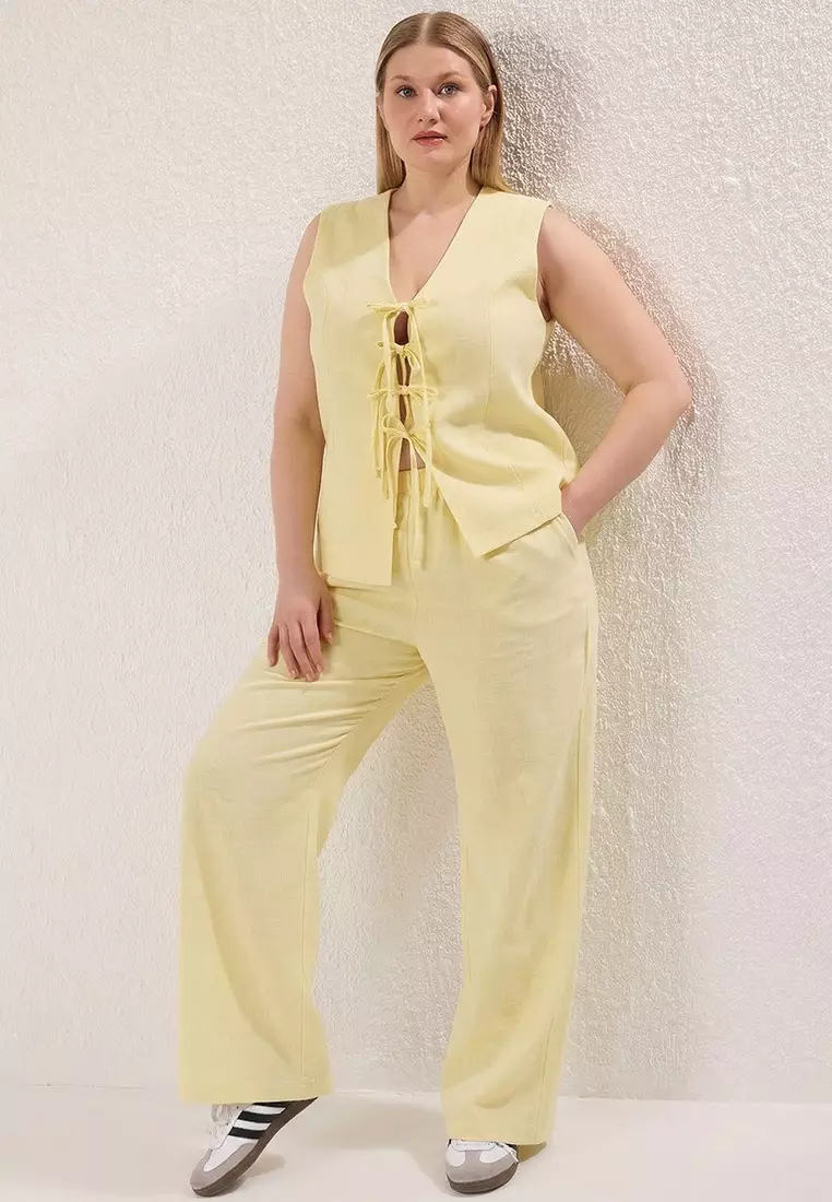 Yellow Wide Leg Linen Look Front Drawstring Bottom Top Set Tbbss25Cp00026
