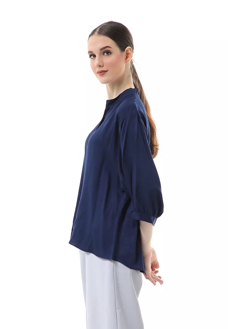 Ghita Kemeja Atasan Wanita Motif Polos Long Sleeve High Quality - Navy