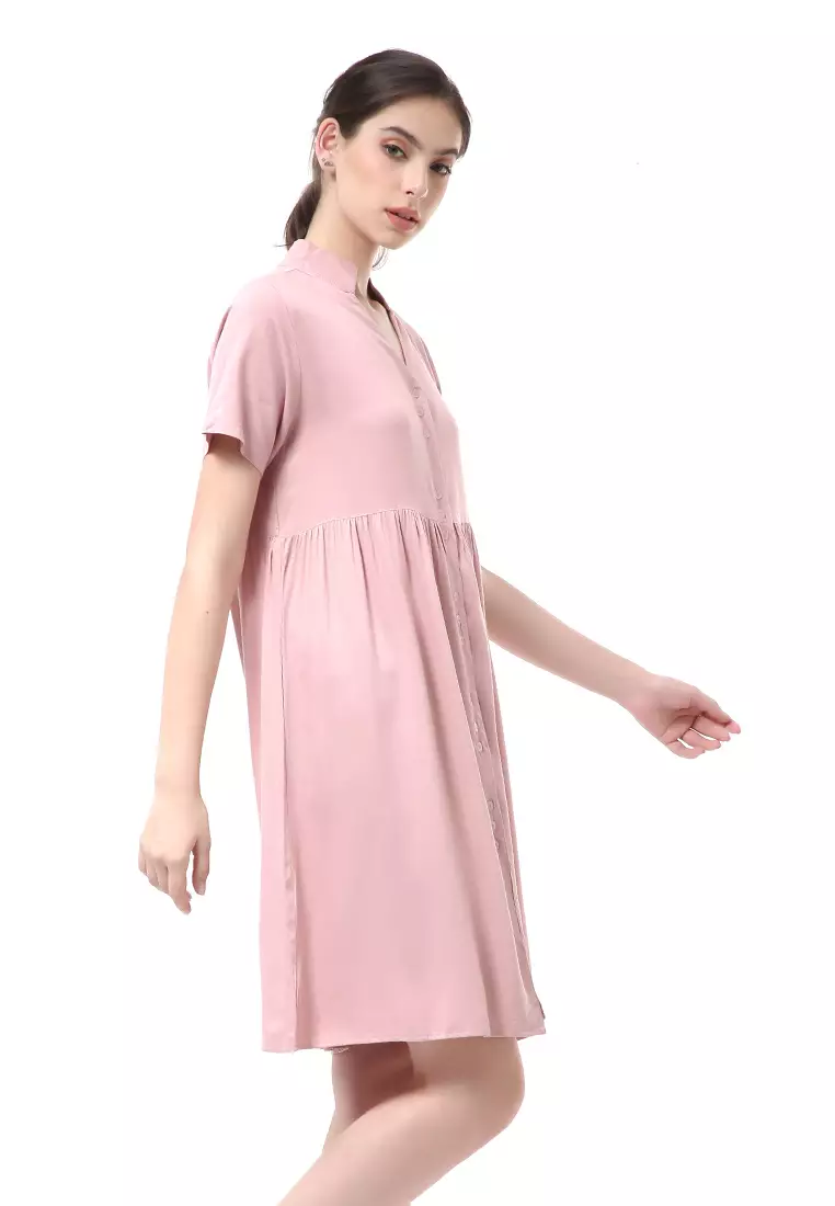 Rachel Dress Wanita Lengan Pendek Full Kancing Stylish Material Cotton ORIGINAL - Dusty Pink
