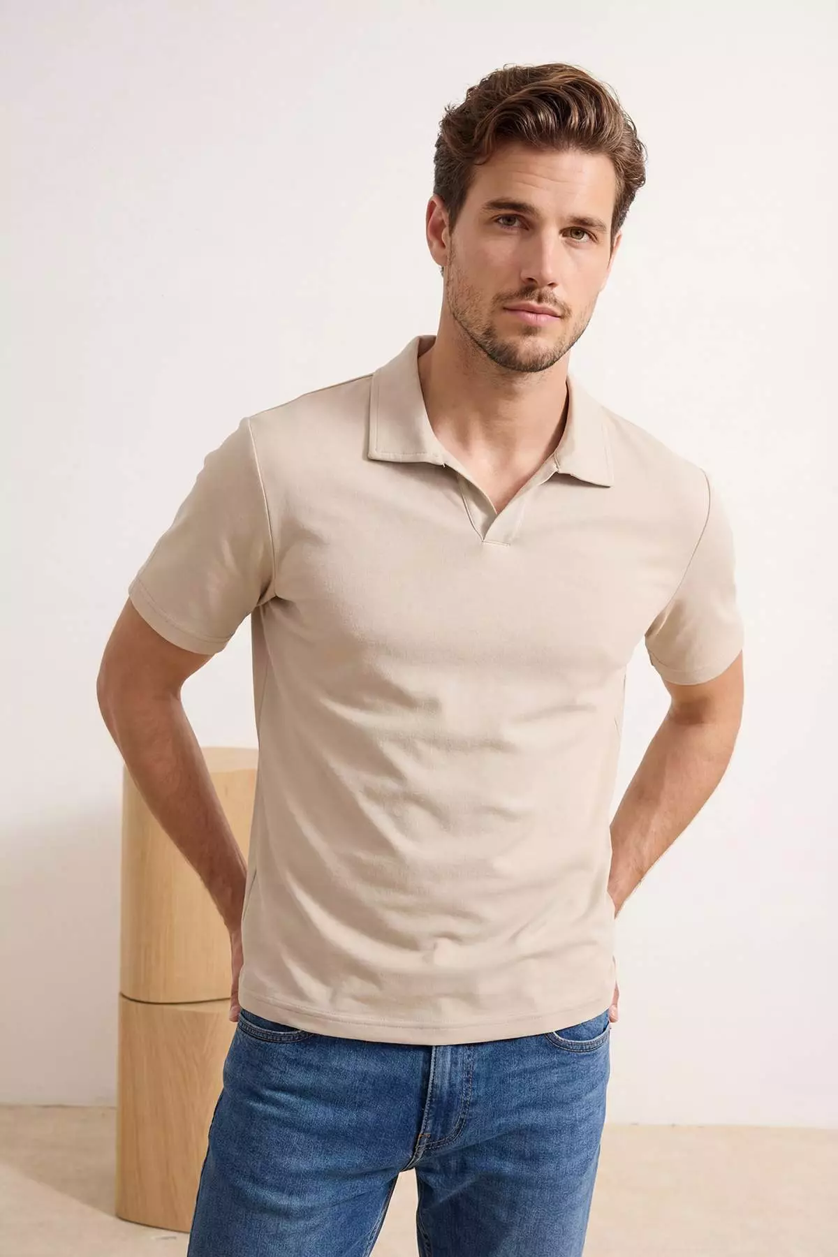 Stone Regular/Normal Cut Soft-Textured Polo Neck T-Shirt Tmnss26Po00034