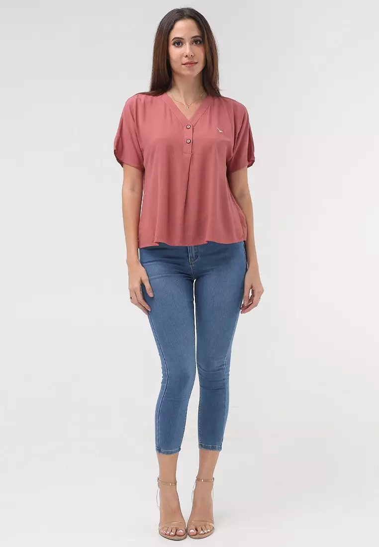 Woven Plain Soft Linen Short Sleeve Blouse