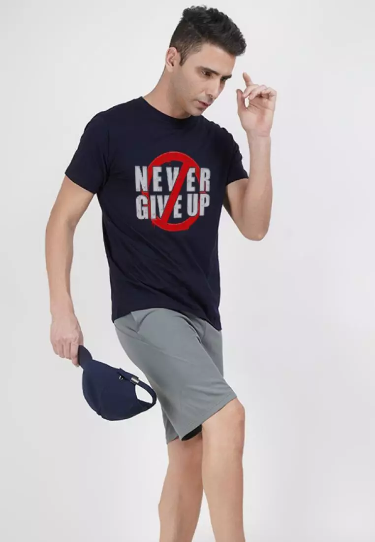 Never Give Up  Navy Blue Cotton Short Sleeve Regular Fit T-Shirt