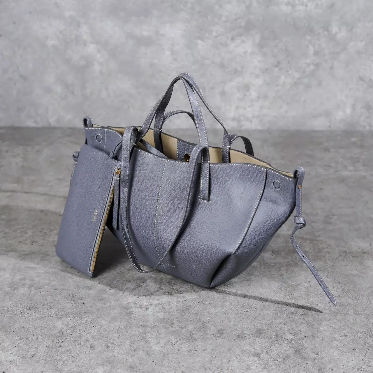 Tas POLENE CYME GREY STONE WITH ECRU STITCHING TOTE BAG WITH POUCH MINI 100% ORIGINAL