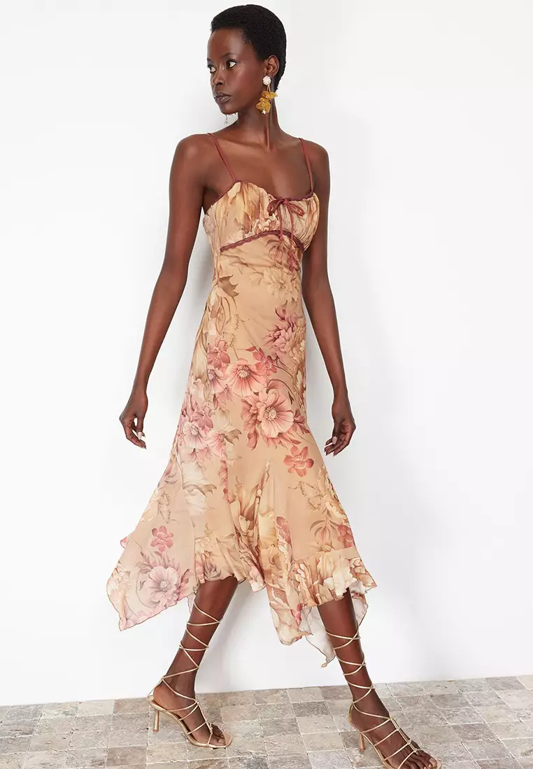 Multicolored A-Line Floral Patterned Ruffle Knitted Tulle Dress TPRSS24EL00133