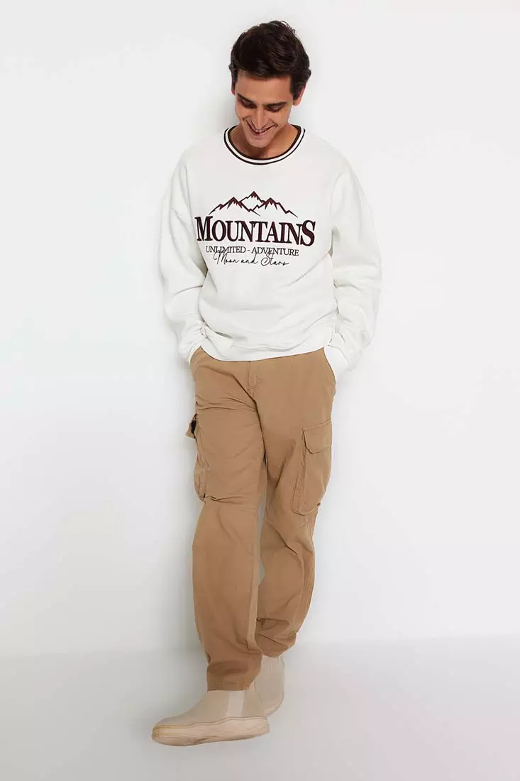 Stripe Neckline with Embroidered Text, Fleece Inside Sweatshirt