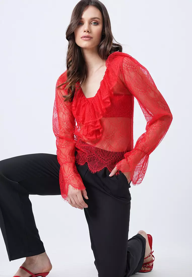 V-Neck Ruffle Lace Blouse