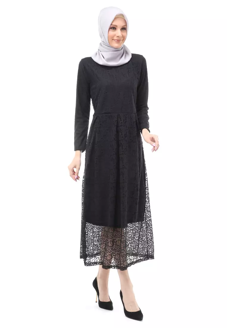 Alveera Gamis Brukat Muslimah Long Dress Regular Fit - Hitam