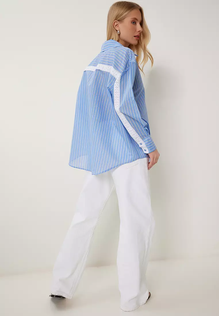 Women's Sky Blue Lace Detailed Striped Oversize Shirt Rv00210