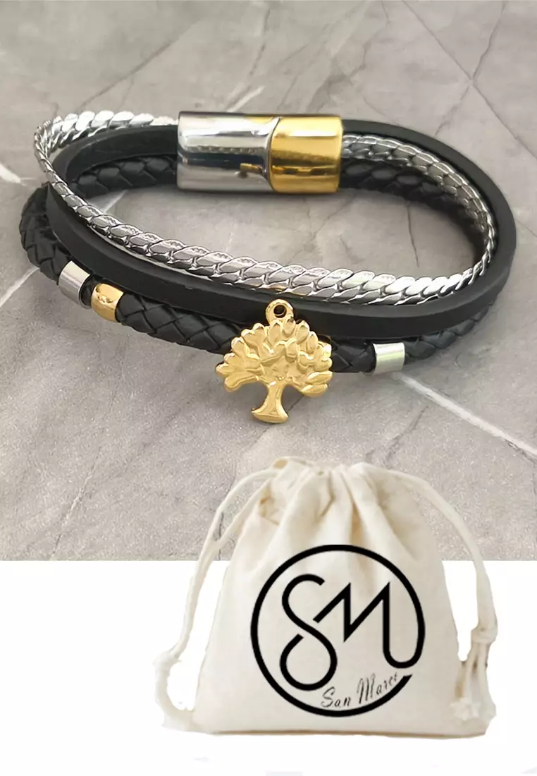 Accessories Pria Stainless Steel Tree Design Center Leather Bracelet Gelang Pria Black, Silver & Gold