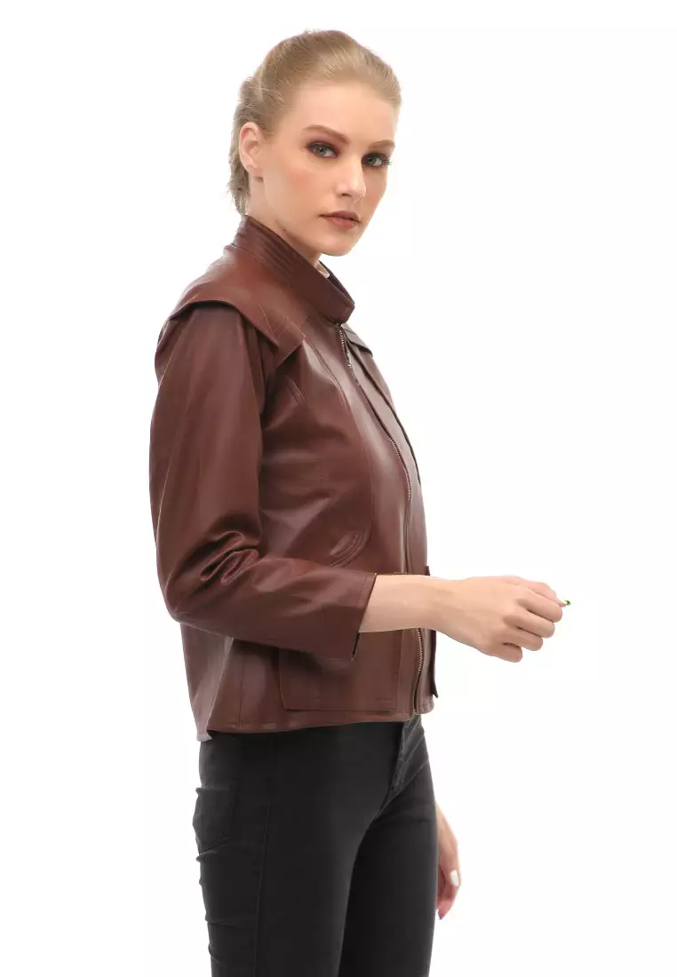 Glenice Jacket Kulit Casual Wanita Zipper Pocket Material Leather ORIGINAL - Brown