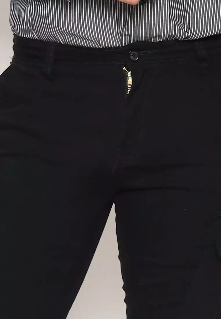 POLICE Celana Cargo Panjang Black Slim Fit Cotton Premium Pria