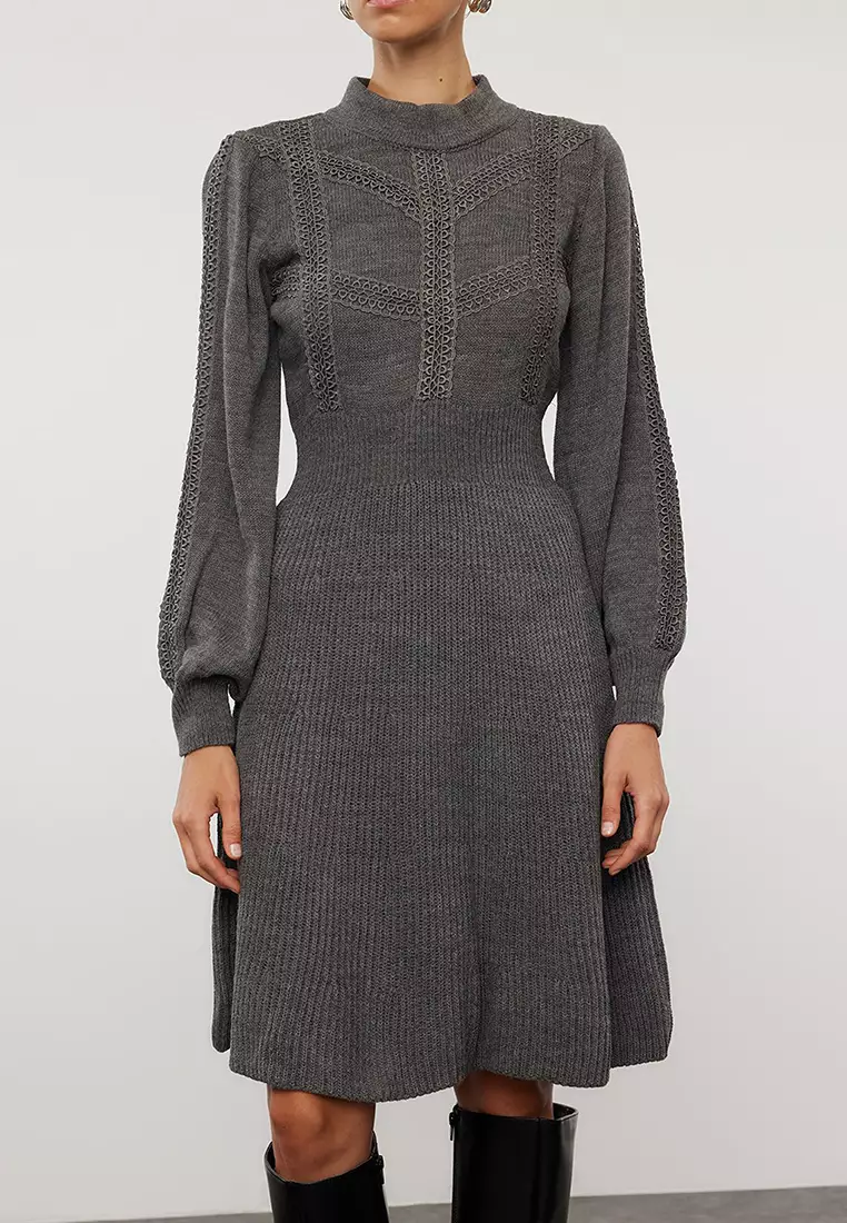 Gray Mini Knitwear Lace Dress Twoaw22El0011