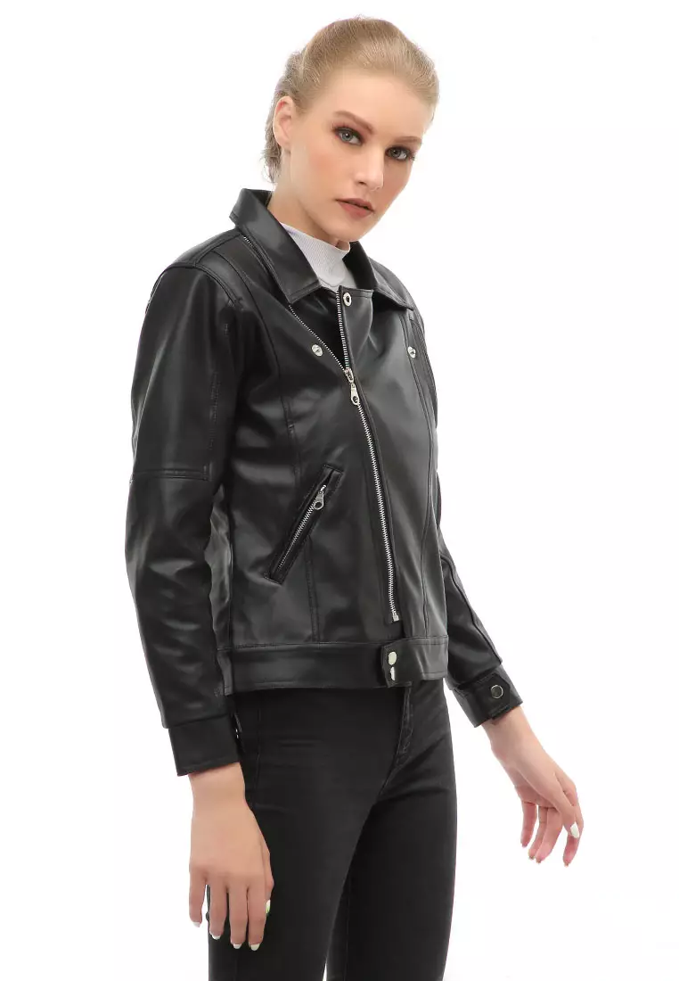 Glenice Jacket Outer Fashion Wanita Zipper Pocket Elegant Design Material Leather ORIGINAL - Black