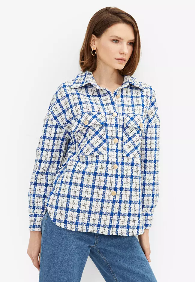 Front Button Closure Plaid Long Sleeve Tweed Women's Shirt Jacket