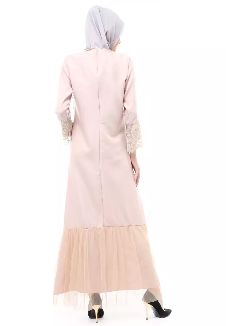 Diana Gamis Brukat Wanita Muslimah Lapis Moscrepe Premium Quality - Coksu Krem