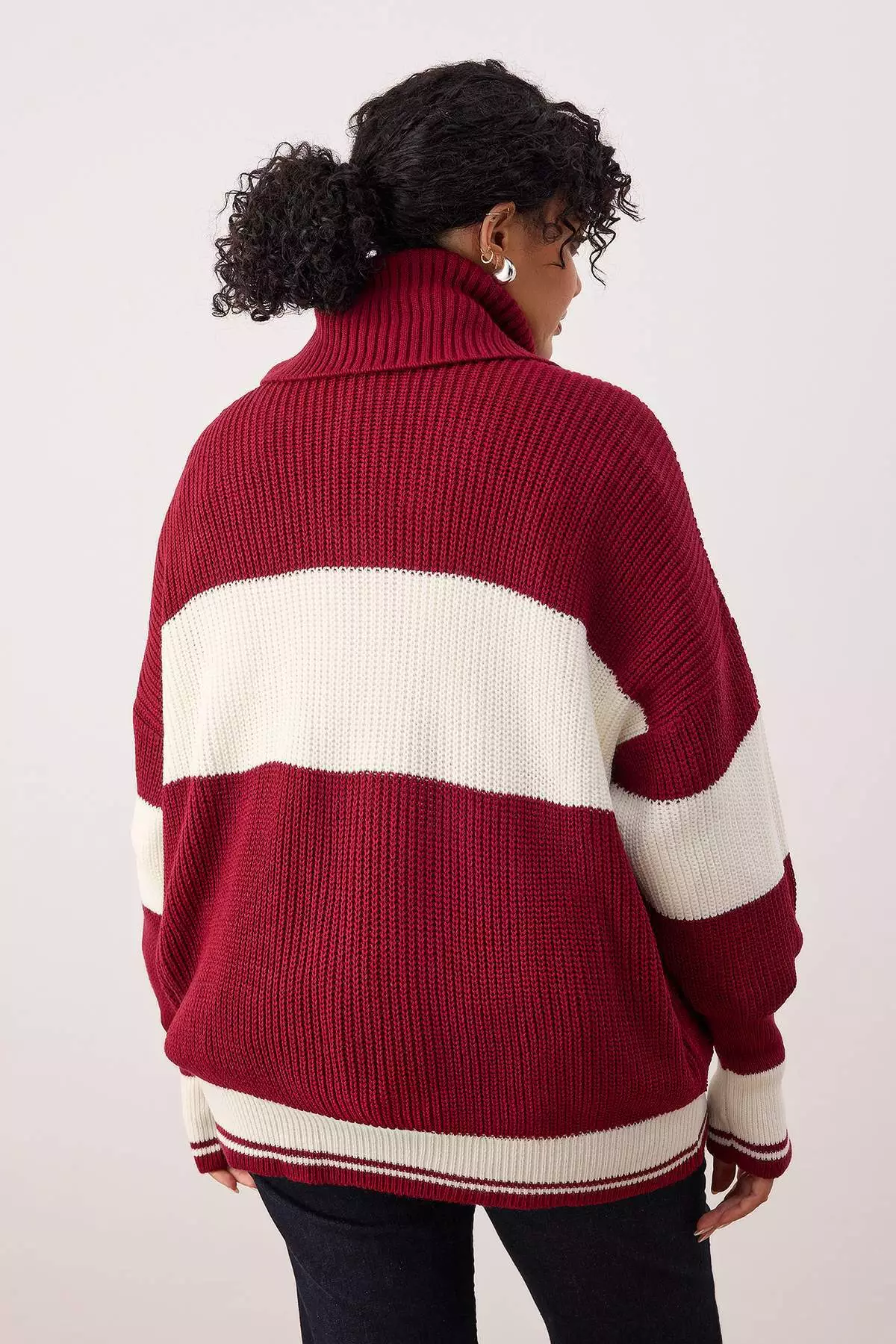 Burgundy Striped Turn-Down Collar Zippered Knitwear Cardigan Tbbaw25Av00009