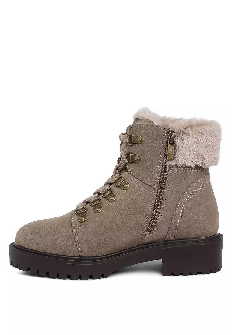Faux Fur Collar Ankle Boots in Taupe