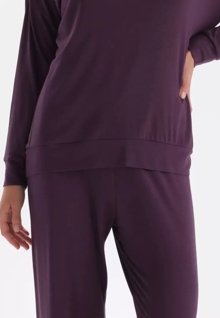 Purple T-Shirt & Trousers Knitwear Set, Boat Neck, Regular Fit, Long Leg, Long Sleeve Sleepwear for Women