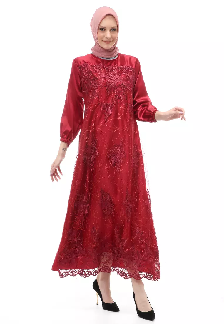 Monita Gamis Brokat Tile Wanita Muslimah Regular Fit - Maroon