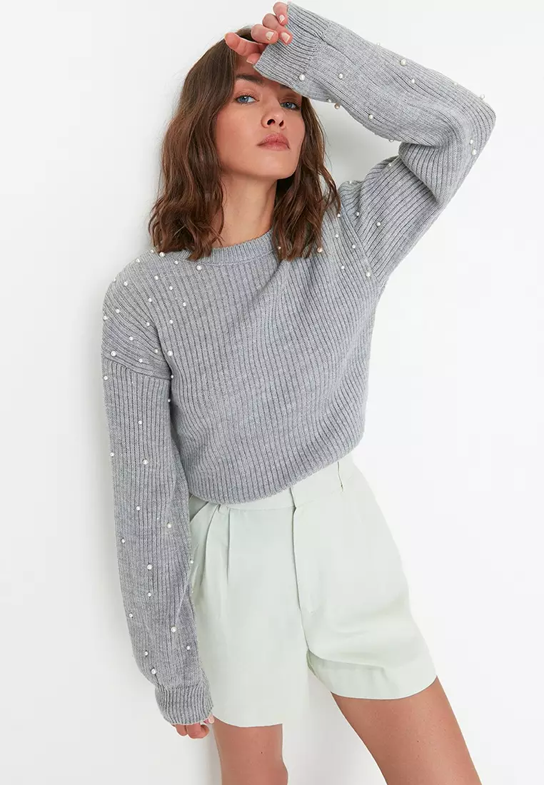 Gray Pearl Detailed Crew Neck Knitwear Sweater TWOAW22KZ1493