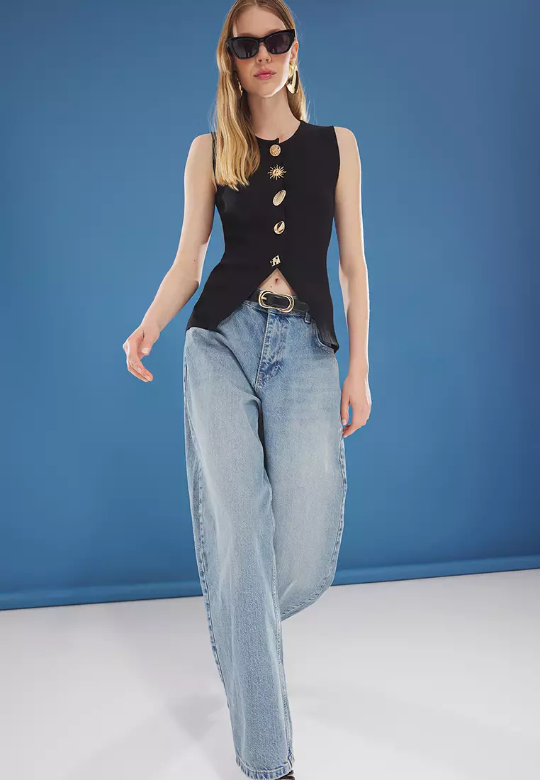 Black Button Detail Waistcoat  TWOSS25YE00043