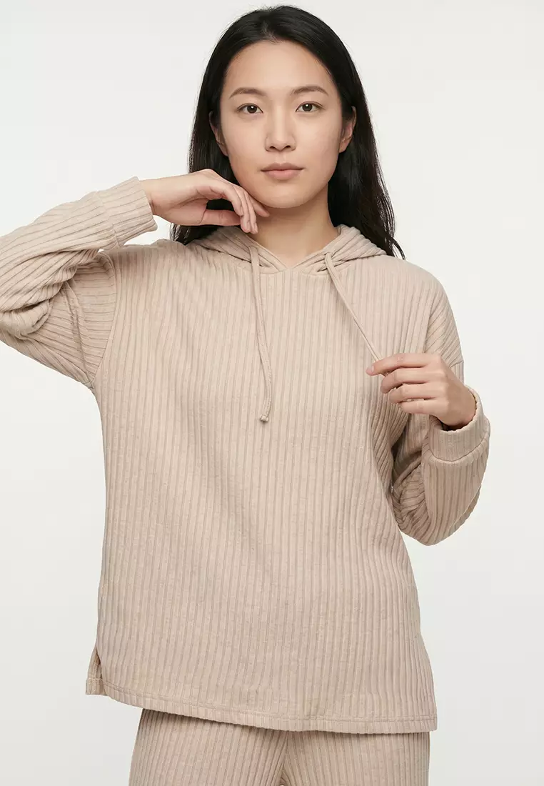 Dark Beige Hooded Ribbed Knitted Pajama Set THMAW22AU0334