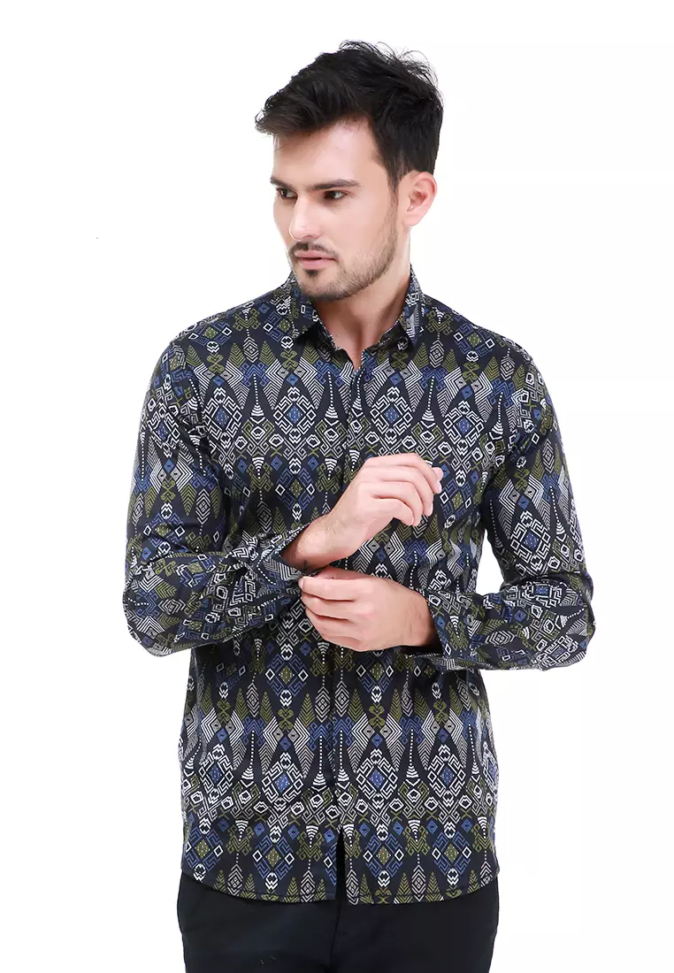 Dwan Kemeja Batik Pria Atasan Formal Longsleeve Shirt Material Cotton ORIGINAL - Black
